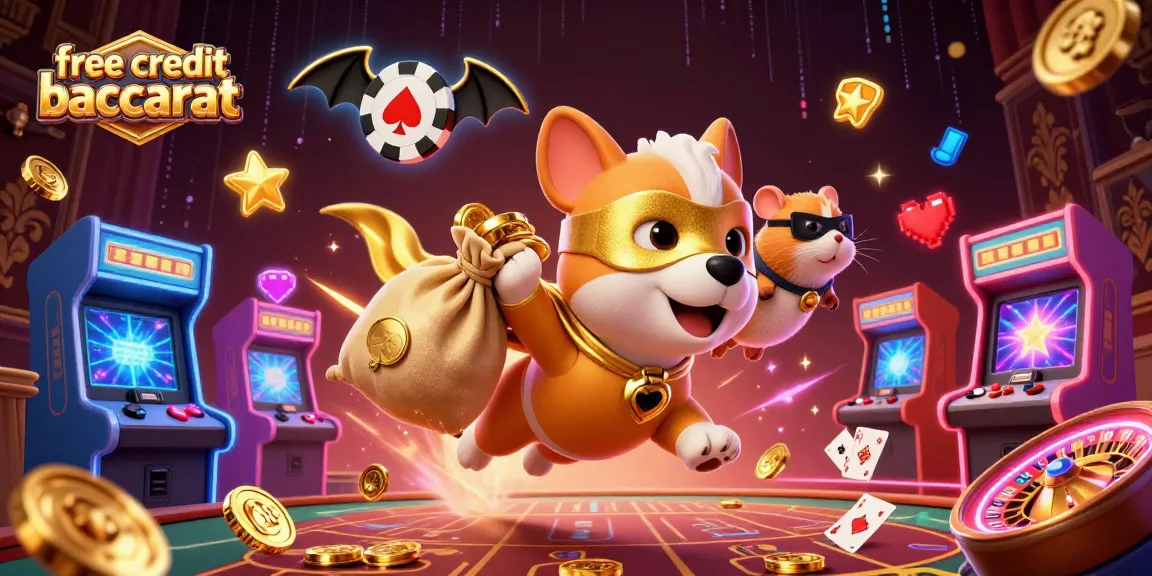 Experience free credit baccarat with superhero dog and hamster in vibrant casino-themed 3D illustration.
