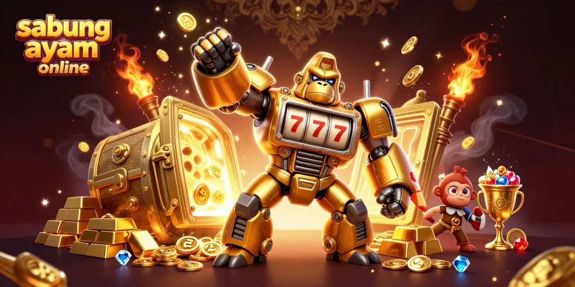 Experience sabung ayam online with a dynamic 3D gorilla mech and explosive jackpots in this vibrant illustration.