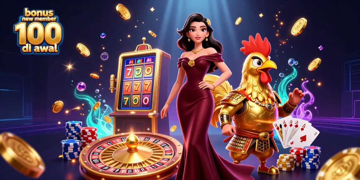 Spin to win with bonus new member 100 di awal, featuring stunning casino characters and vibrant game elements.