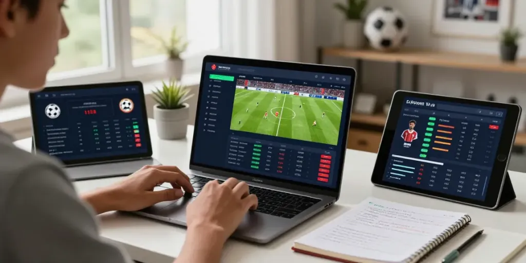 WWBOLA user analyzing soccer stats on a laptop in a stylish office.