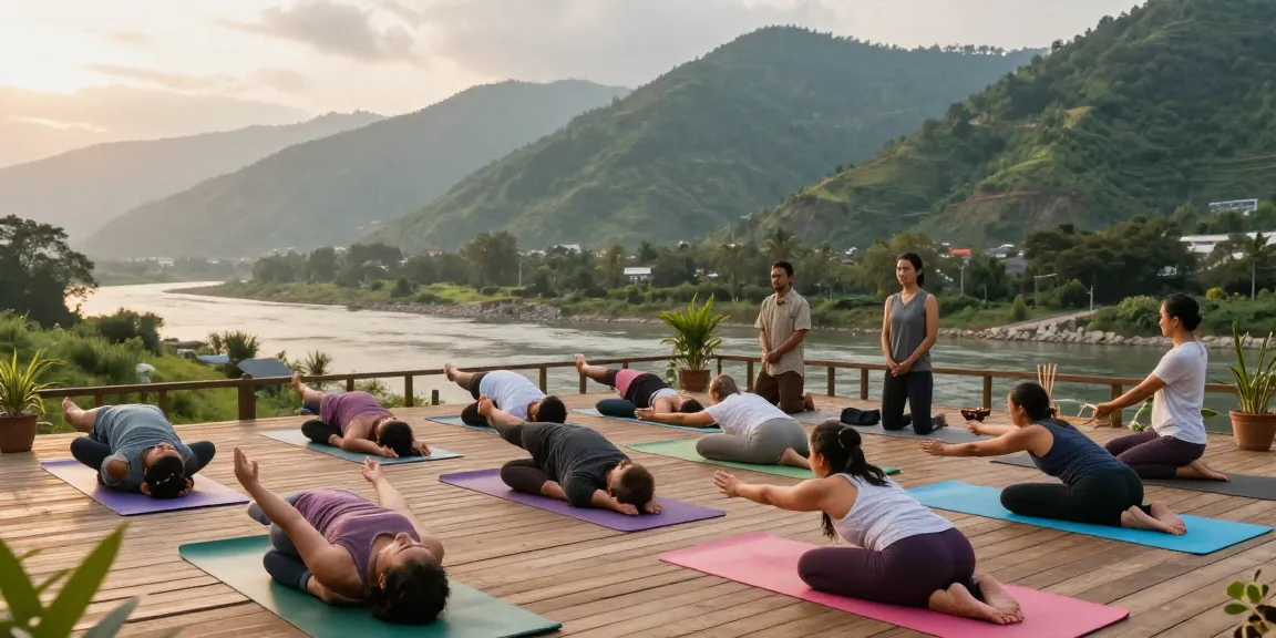 Yoga teacher training in Rishikesh, students practicing yoga with stunning mountain views.