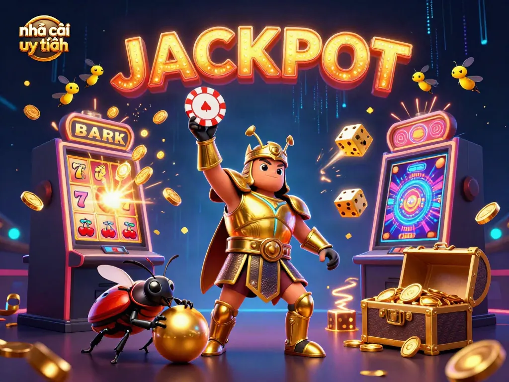 Experience the excitement of nhà cái uy tín with a 3D cartoon scene featuring beetles celebrating a jackpot win.