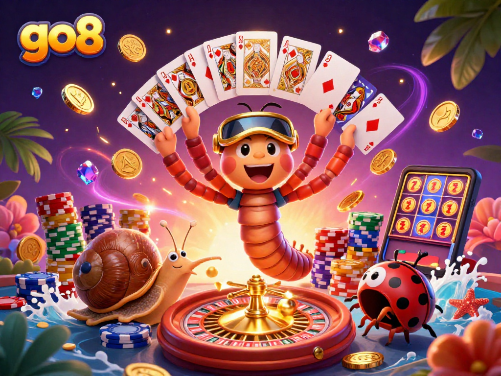 Experience vibrant gaming excitement with Go8's thrilling 3D casino illustration featuring dynamic characters and elements.