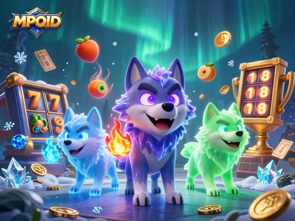 MPOID offers a vibrant 3D illustration featuring a shadow wolf pack leader amid dynamic slot game elements.