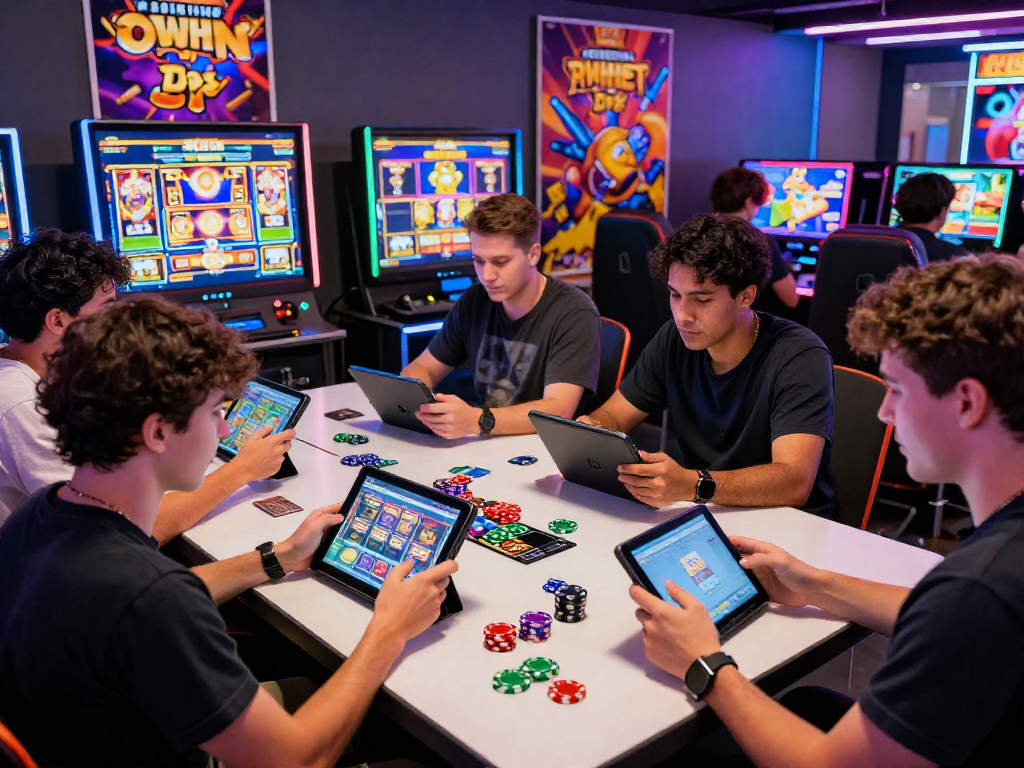 Exciting nx303 gaming scene with diverse players engaged around slot games on large screen, vibrant atmosphere.