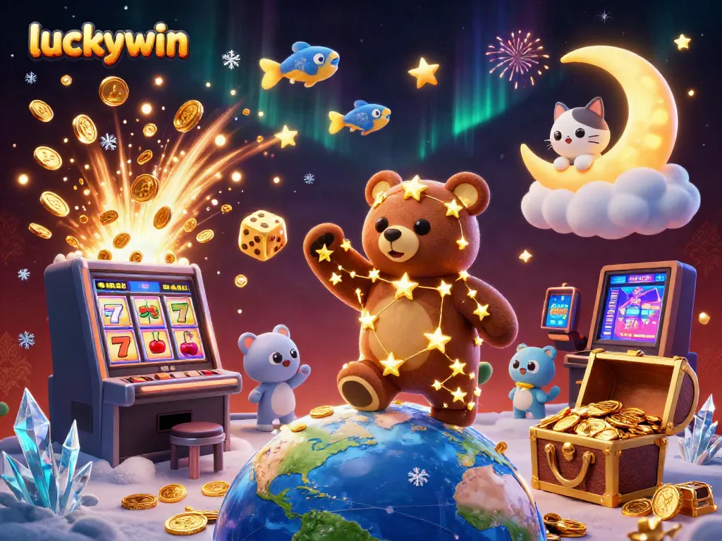 Join the luckywin adventure with a constellation bear and jackpot slots, celebrating gaming magic.