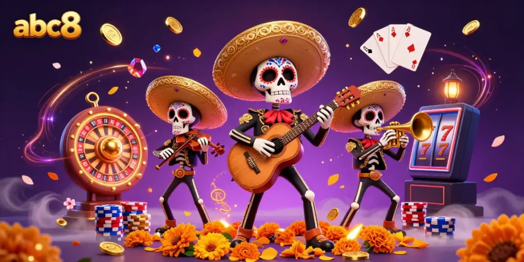 Experience thrilling wins at abc8 with our vibrant casino scene featuring a mariachi band and dynamic gaming elements.