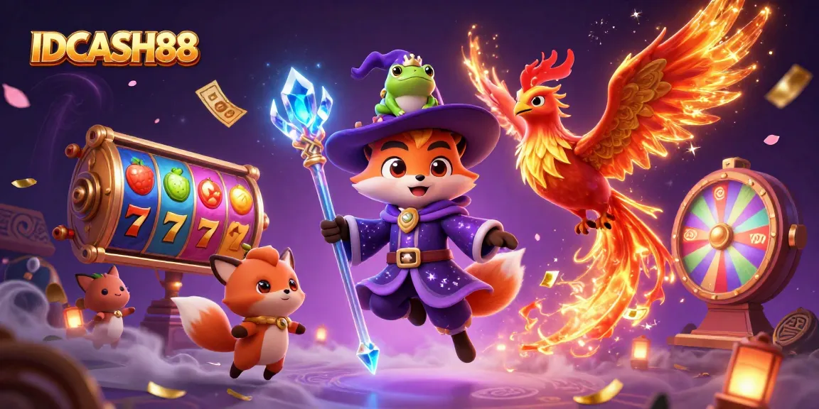 Experience the thrilling action of IDCASH88 with a magical wizard fox, phoenix, and slot game elements!