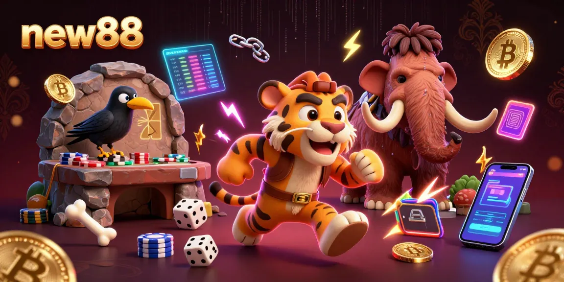 Experience thrilling casino action at new88 with cartoon characters in a vibrant 3D scene.