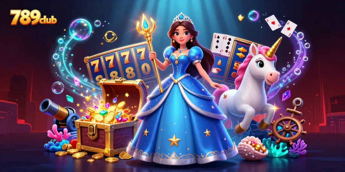 Feel the enchantment at 789club with a magical casino scene featuring a regal woman and a unicorn amidst dynamic slot and treasure elements.