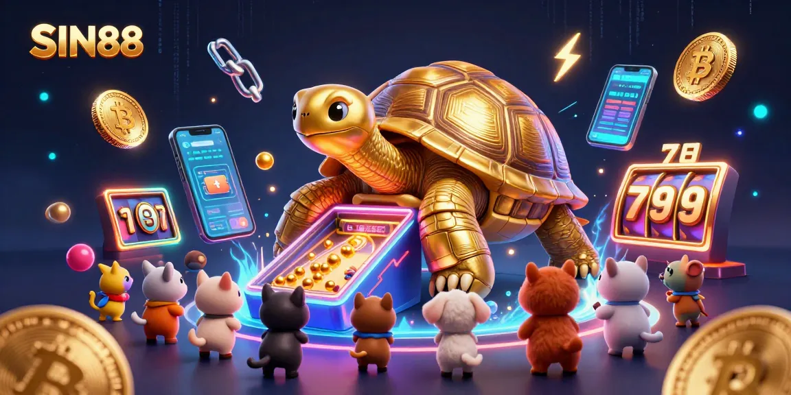 SIN88's colossal golden tortoise pinball machine delights gamblers with exciting wins in a vibrant casino scene