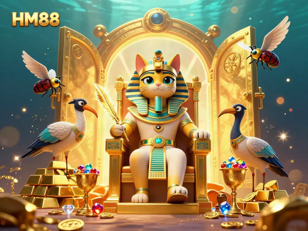 Experience HM88 gaming excitement with a golden throne scene featuring characters and rich treasures.