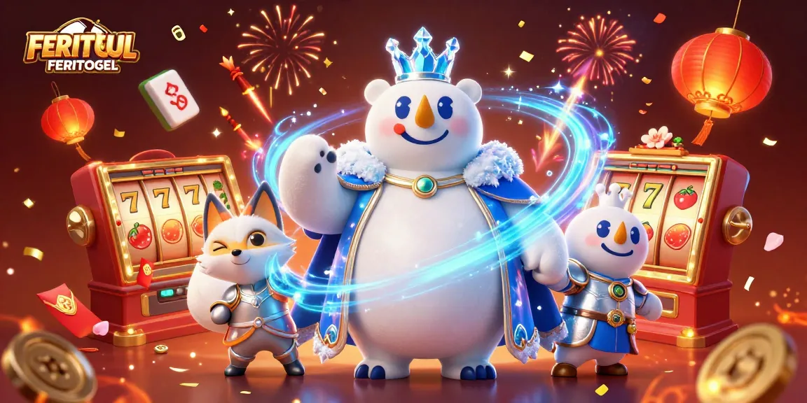 FERITOGEL features a majestic polar bear and snow fox, surrounded by slot reels and festive elements, celebrating big wins!