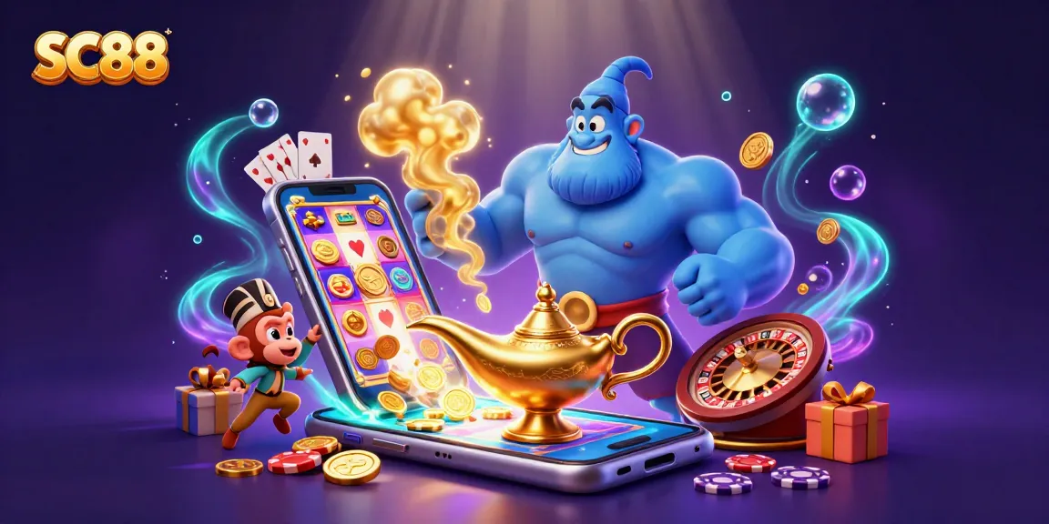 Engage in thrilling SC88 slot adventures with a magical genie and vibrant gaming elements.