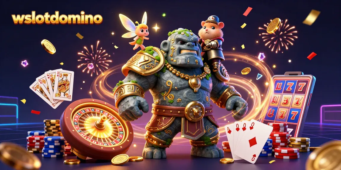 Menggenggam keberuntungan di wslotdomino dengan golem kuno, peri magis, dan hamster ksatria dalam ilustrasi kasino 3D.