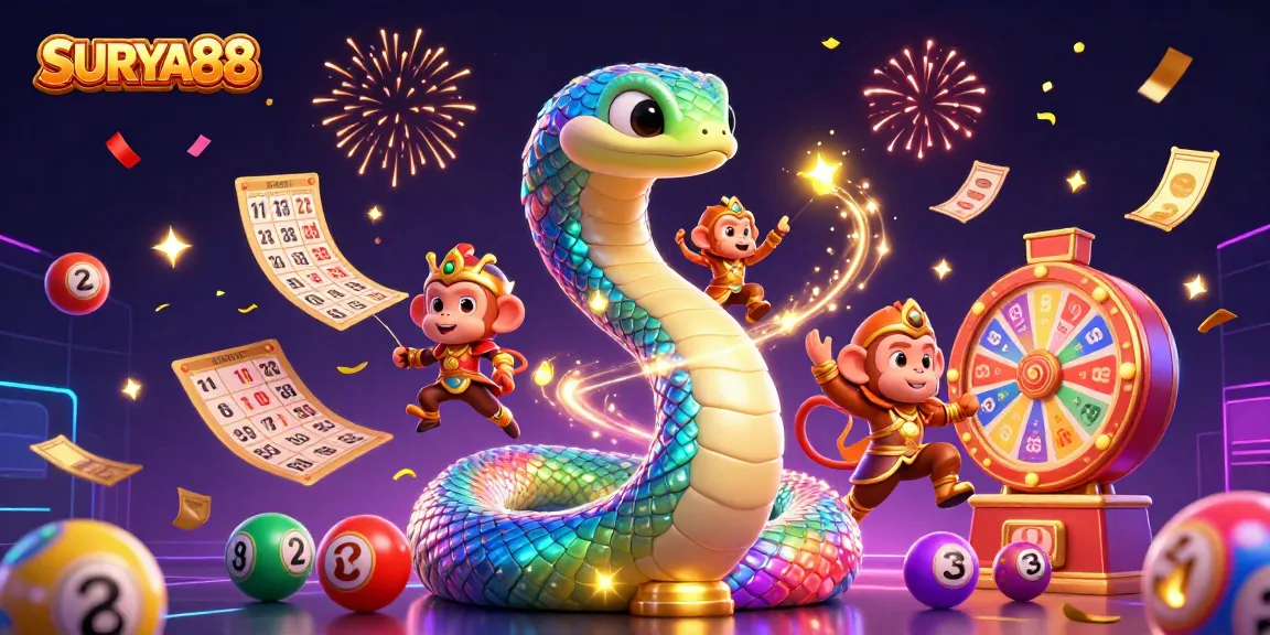 SURYA88 captures the vibrant excitement of gambling with a rainbow serpent and lottery elements.