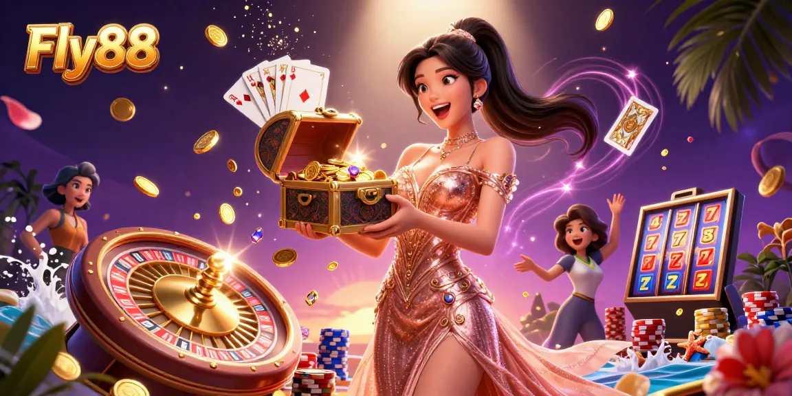 Experience thrilling gaming at Fly88 with a joyful Asian woman showcasing treasures in a dazzling casino scene.