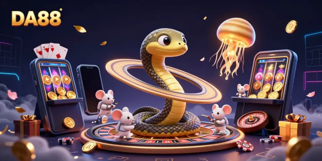 Experience DA88 cosmic gaming with astronaut mice betting on a roulette wheel made from Saturn's rings.