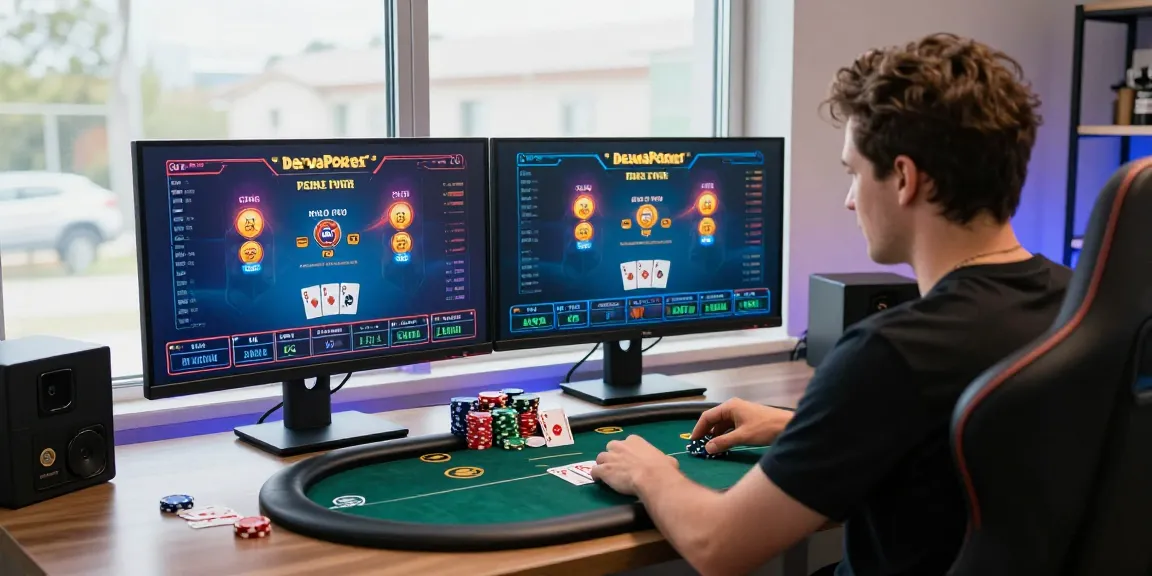 Dewapoker Live Jackpot gaming scene with player at an intense poker game, dual monitors showing vibrant interface and jackpot announcements.