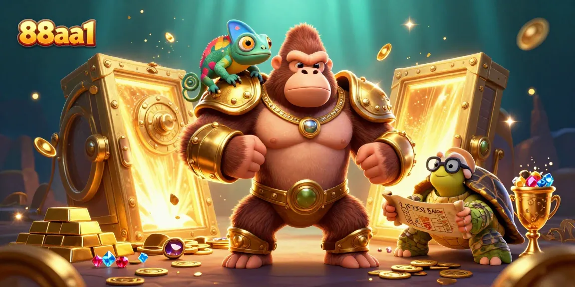 88aa1 showcases an epic casino scene with a golden gorilla and a wise tortoise amidst treasures.