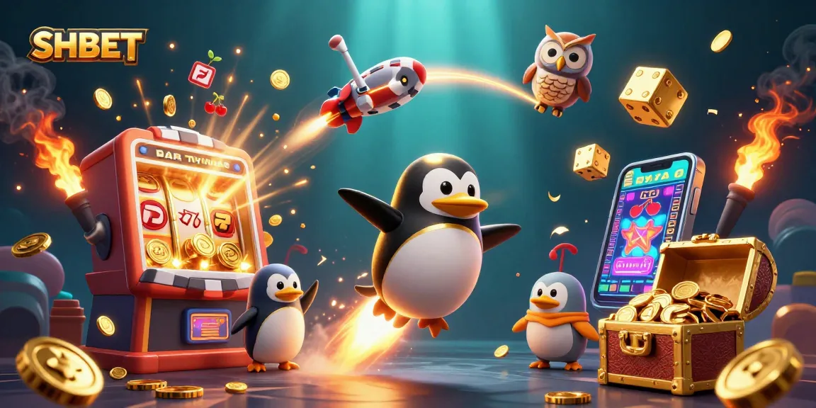 SHBET provides an exciting adventure with a golden penguin and casino elements in a dynamic casino-themed illustration.
