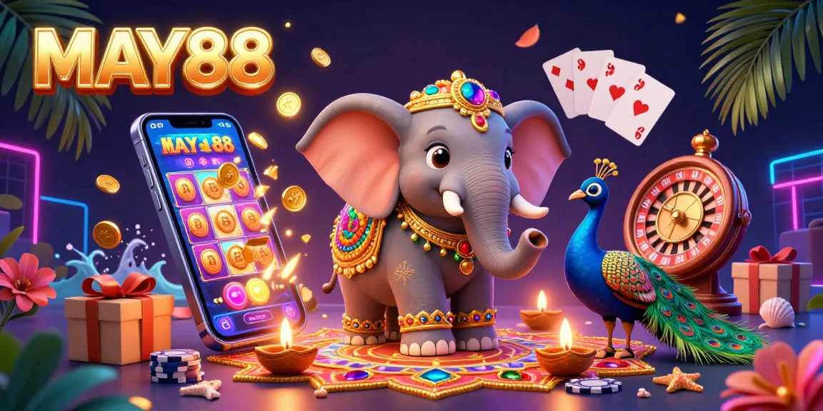 MAY88 slots and casino-themed illustration showcasing a vibrant and colorful casino environment.
