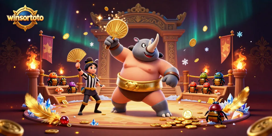 winsortoto showcases a powerful beetle sumo champion stomping and sending coins flying in a dynamic casino scene