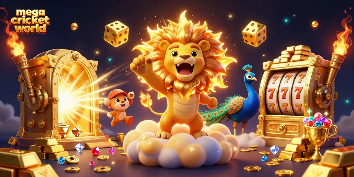 Mega Cricket World spins into action with vibrant slot elements, golden treasures, and a triumphant lion.