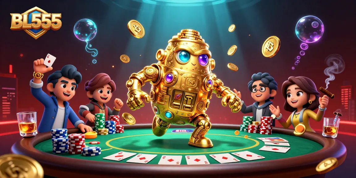 Engage in thrilling gameplay with BL555 featuring a golden golem, poker elements, and vibrant casino atmosphere.