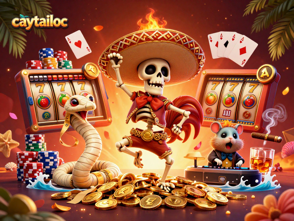 Experience the excitement of caytailoc as a skeleton mariachi rooster dances on gold coins surrounded by dynamic casino elements.