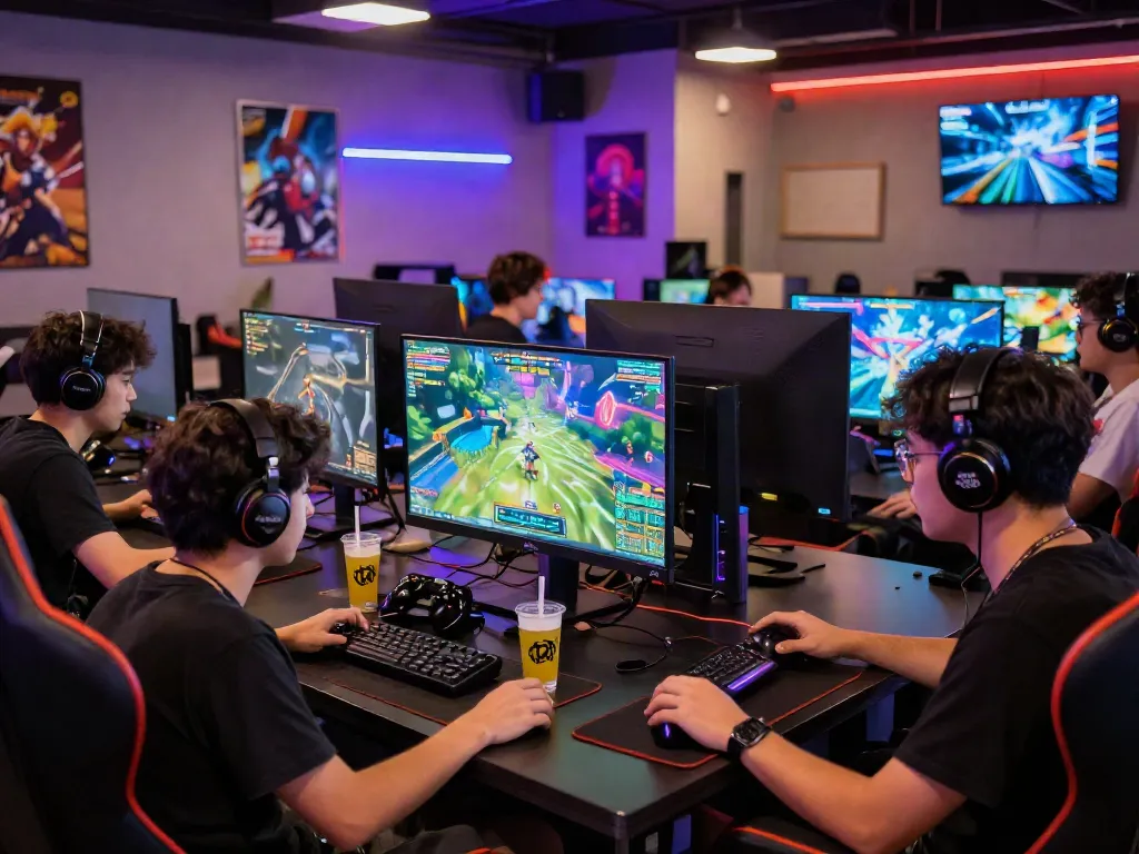 Players enjoying rokok88 gaming experience in a lively lounge with colorful screens and accessories.