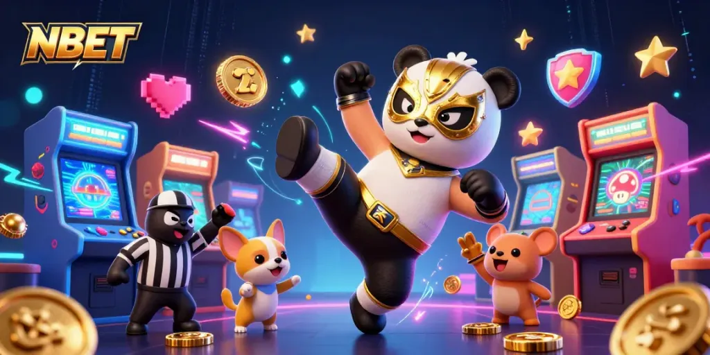 Experience the thrilling excitement of NBET with dynamic casino characters in a vibrant 3D illustration.