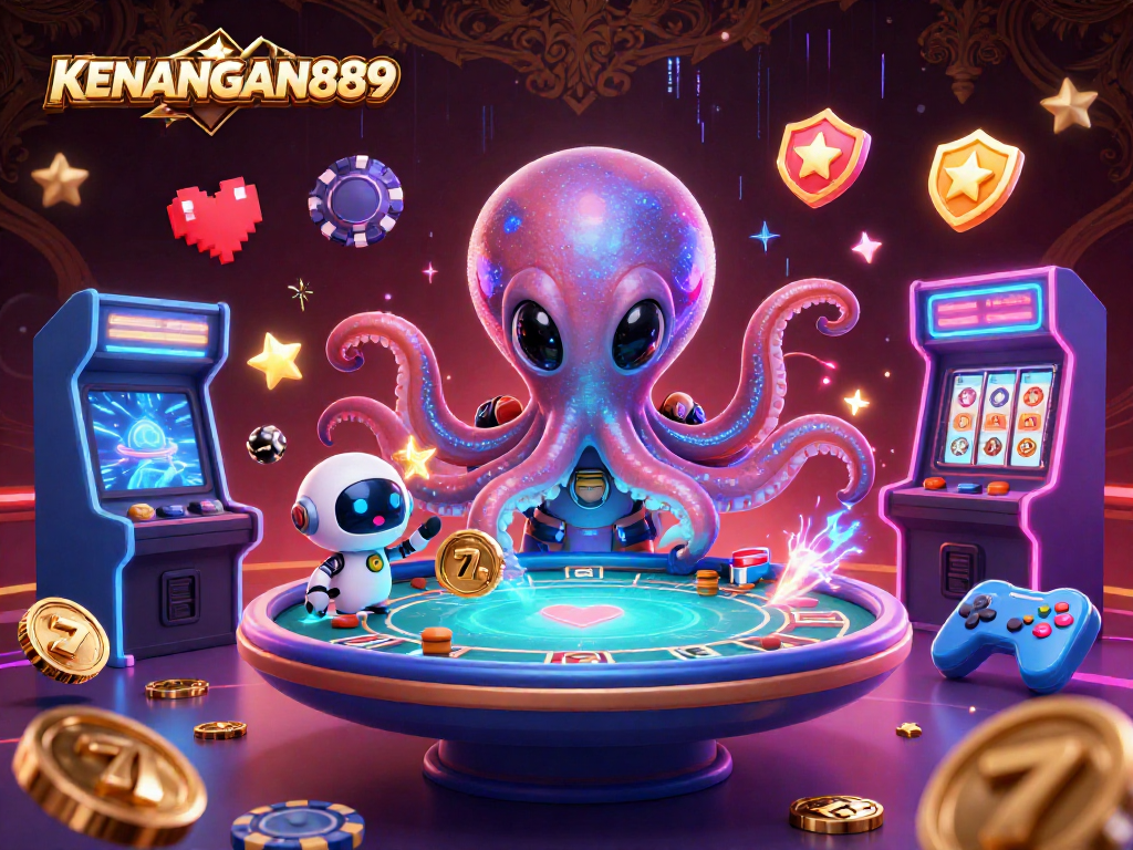 KENANGAN889 showcases a 3D alien octopus hosting an exciting poker game with dynamic gaming elements.
