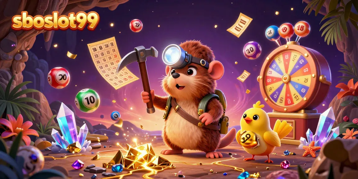 Experience exciting games with sboslot99 featuring vibrant lottery elements and a playful miner scene.