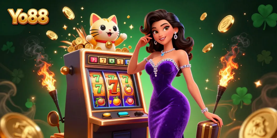 Win big at Yo88 with a glamorous 3D illustration featuring jackpot slots and a fortune cat mascot.