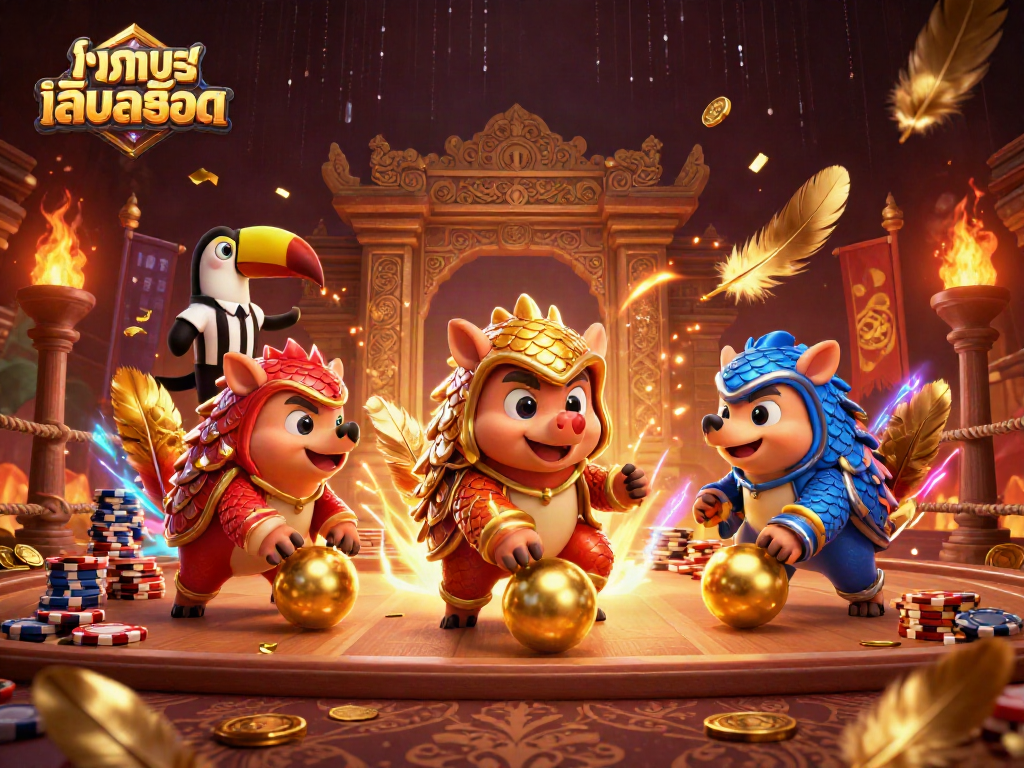 Experience excitement when you ทดลองเล่นสล็อต with rival pangolins bowling through poker chips in a vibrant scene.