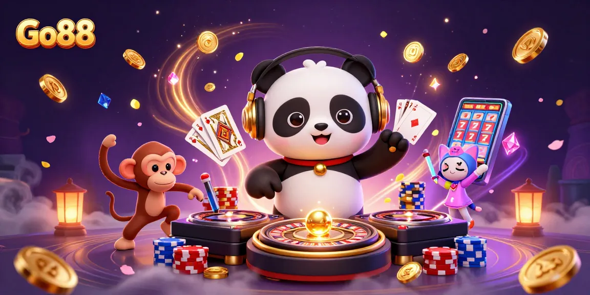 Go88 spin the wheel of fortune in this vibrant 3D casino illustration featuring a DJ panda and lively characters.