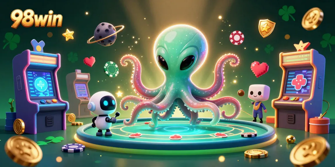Play thrilling games at 98win with an exciting alien octopus and poker table in a cosmic setting.