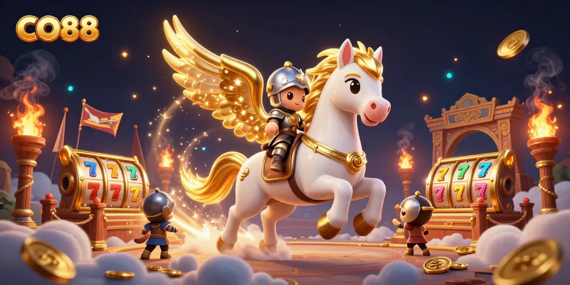 Experience thrilling action at CO88 with a celestial knight on a golden winged horse in a dynamic casino scene.