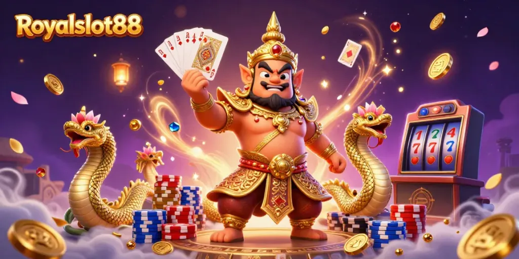 Gamer merasakan keseruan di Royalslot88 dengan tokoh penjaga kuil dan simbol kasino.