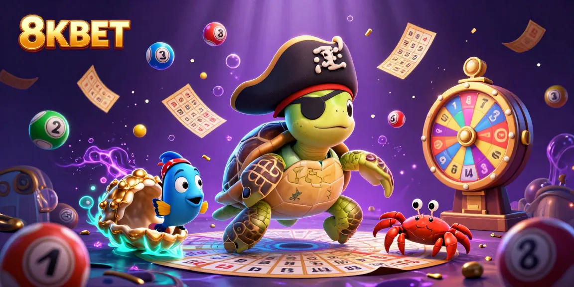 Engage with 8KBET's dynamic gaming scene featuring pirate turtle and lucky lottery elements.