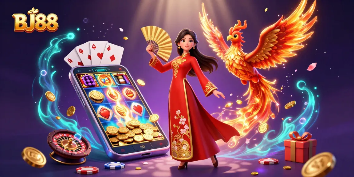 Win big at BJ88 with vibrant 3D casino gaming scenes, showcasing a woman in ao dai and golden coins.