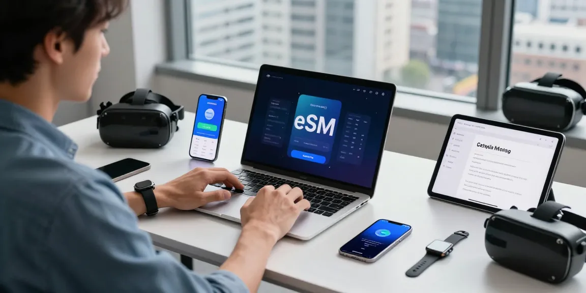 מה זה eSIM? מומחה טכנולוגיה בעבודה עם מכשירים חכמים במשרד מודרני