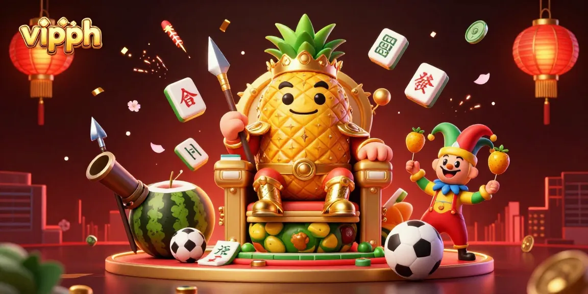 Engage with vipph's vibrant casino scene featuring a golden pineapple king and dynamic game elements.