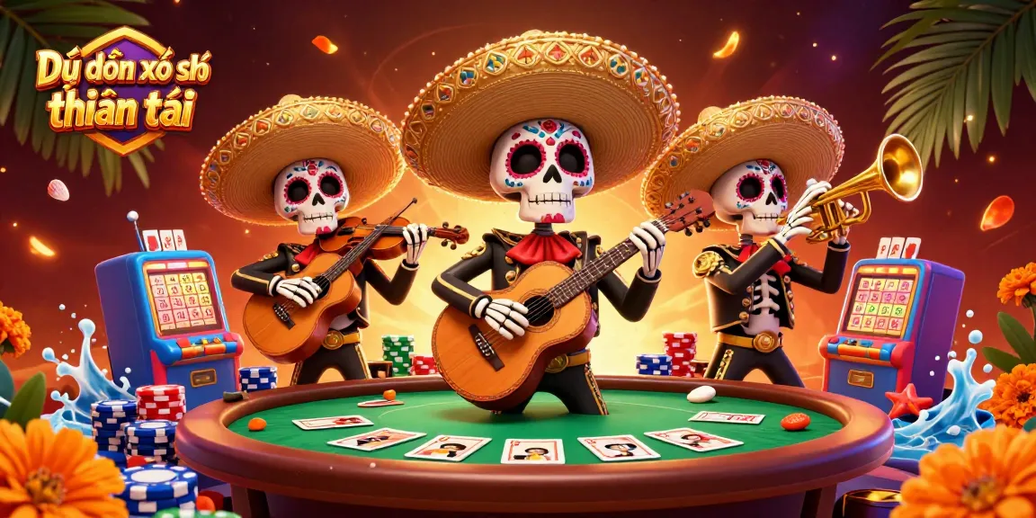Dự đoán xổ số thần tài scene with vibrant lottery elements and a mariachi band showcasing winning strategies.