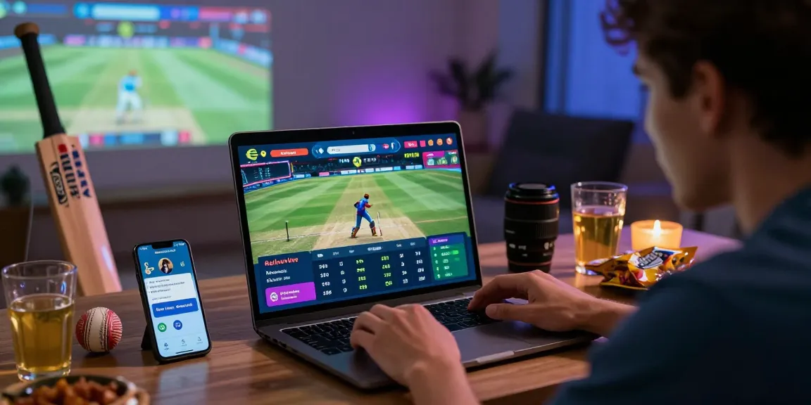 Engaging betting experience with Cricket Id, laptop, and sports paraphernalia creating an immersive atmosphere.