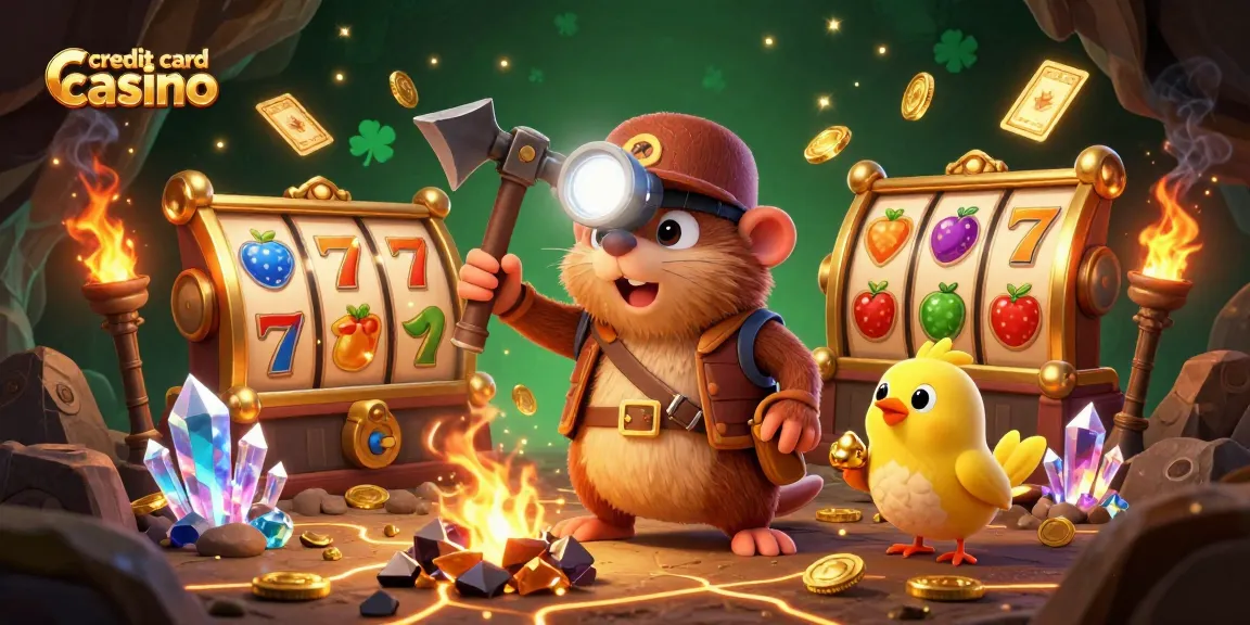 Engage with top credit card casino gaming elements featuring slots, gold coins, and a treasure hunting mole.