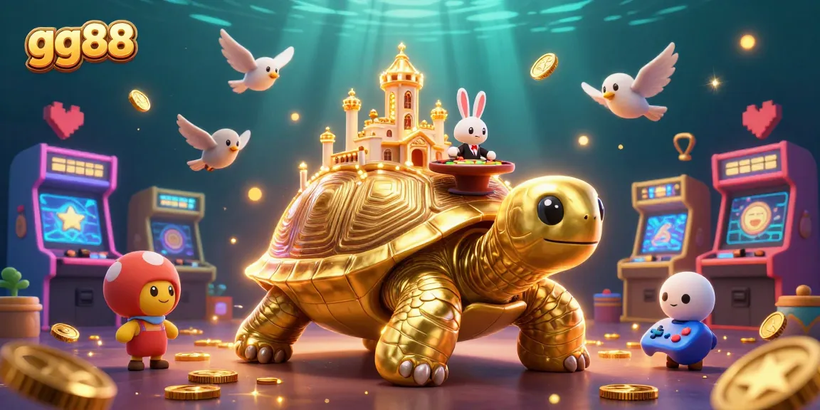 Engage with gg88's thrilling casino experience featuring a golden tortoise and rabbit dealer amidst vibrant gaming elements.