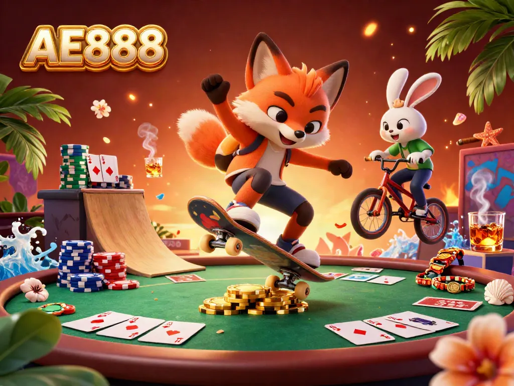 Experience AE888's vibrant casino world with skateboard fox and BMX rabbit amid poker chips and gaming action.
