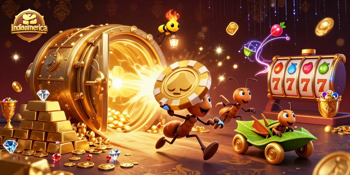 Ants pulling a giant poker chip in a vibrant casino heist scene, showcasing indianiamerica's playful side.